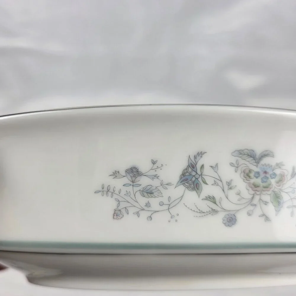 Oxford China Spring 8 Inch Oval Serving Bowl Multicolor Floral Rim Aqua Band